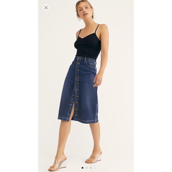 ANTHROPOLOGIE LEE denim High Rise Midi Jean Denim skirt Kansas Blue Sz 25 NWT - Picture 1 of 9